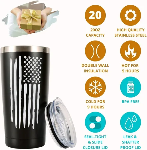 Miniatura 2 de Vaso térmico y taza de café de viaje con bandera americana de 20 onzas para hombres, esposo, papá, regalos militares patrióticos únicos para el día