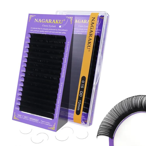Miniatura 170 de NAGARAKU Extensiones de pestañas, pestañas individuales, 0.05mm, rizo D, 15mm, clásico, negro mate, suave, natural, profesional, 16 filas, 0.05-D
