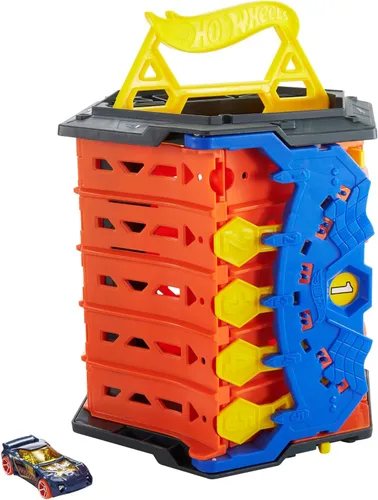 Miniatura 6 de Hot Wheels Track Builder Action, Pista de Carreras Desplegable, Juego de Pista con Pista de Carreras de 5 Carriles y Cubo de Almacenamiento