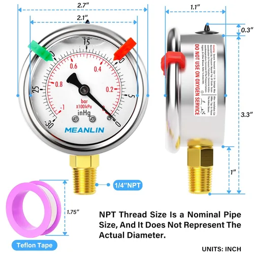 Miniatura 2 de MEANLIN MEASURE - Manómetro de vacío de presión -30inHG~0Psi, esfera con cara de 2.5 pulgadas, NPT de 1/4 de pulgada, manómetro de acero inoxidable