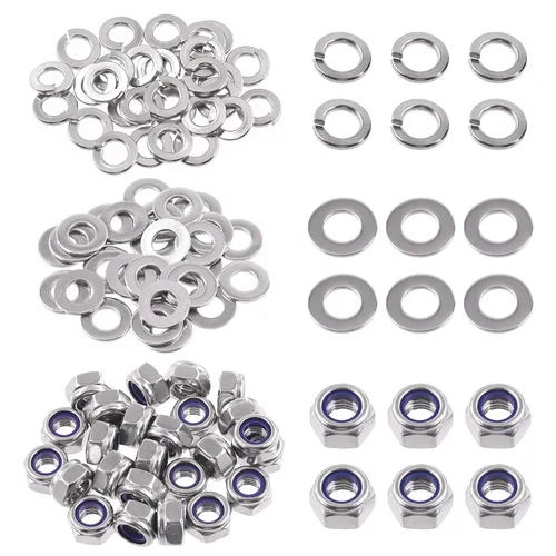 Miniatura 8 de Swpeet Kit de surtido de 150 piezas de tuercas hexagonales de bloqueo de acero inoxidable SAE 304 de 1/4"-20 y arandelas planas de 1/4