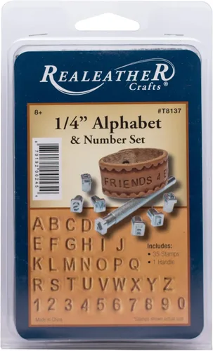 Realeather T8137 Juego de herramientas de sellos de cuero para artesanía de cuero, alfabeto y número, 1/4 ", cromo, 36 cabezas de sello