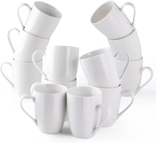 AmorArc Juego de 12 tazas de café de color blanco hueso de 12 onzas, tazas de café de cerámica con mango grande para hombre, mujer, juego de tazas