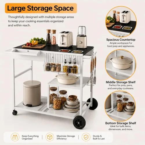 Miniatura 3 de SUNLEI Organizador de almacenamiento de cocina con cesta de especias, isla de cocina sobre ruedas con soporte para toallas de papel, ruedas