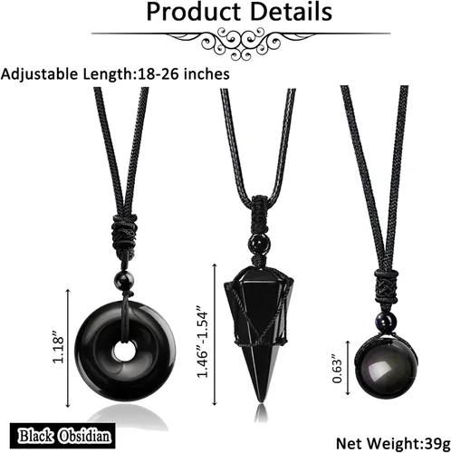 Miniatura 6 de Jovivi Juego de 3 collares de piedra de cristal curativo para hombres y mujeres, amatista natural, obsidiana negra, ojo de tigre, piedras preciosas