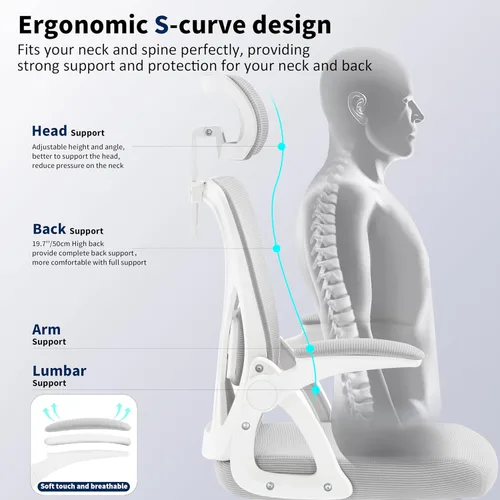Miniatura 4 de Silla de Oficina, Silla de Escritorio Ergonómica con Soporte Lumbar Ajustable, Silla de Oficina Gris de 400 Libras Silla de Computadora de Malla