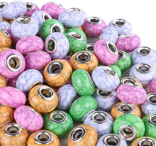 Miniatura 19 de 100 Piezas Cuentas Espaciadoras Europeas de Agujero Grande de 0.551 pulgadas, Mezcla de Colores con Núcleos de Latón Plateado Surtidos Cuentas