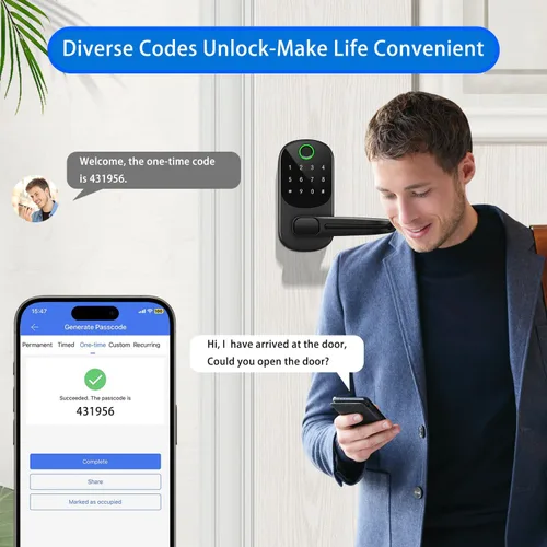 Miniatura 5 de Cerradura inteligente con asa, cerradura de puerta de entrada sin llave de huellas dactilares, control de aplicación, cerrojo de teclado con bloqueo