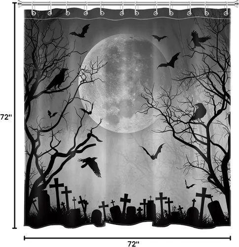 Miniatura 8 de Cortina de ducha de Halloween, cuervo negro, murciélago y árbol muerto en un bosque brumoso espeluznante con ganchos, cortina de baño de noche
