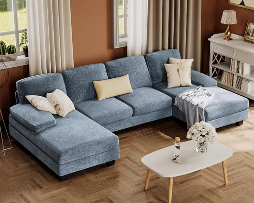 Miniatura 12 de Furmax - Sofás seccionales para sala de estar, sofá en forma de U con tela de lino, juego de sofá de 4 plazas con doble chaise para apartamento Beige