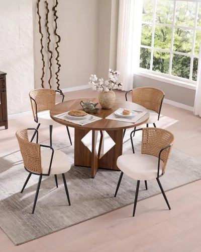 Miniatura 7 de BedsPick Juego de 2 sillas de comedor de ratán – Silla de cocina de ratán de polietileno tapizada de granja con cojín de bucle, asiento de comedor