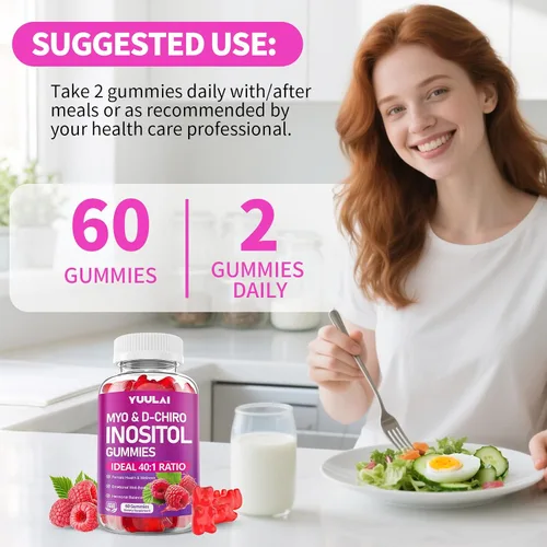 Miniatura 8 de Gomitas de mio-inositol y D-Chiro inositol, proporción 40:1 suplemento de inositol con vitamina D3, glicinato de magnesio, folato y zinc