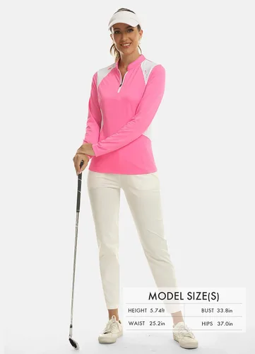 Miniatura 6 de MoFiz Polo de tenis de golf con cremallera para mujer, manga larga, sin cuello, atlético, de secado rápido, para senderismo, ajuste delgado