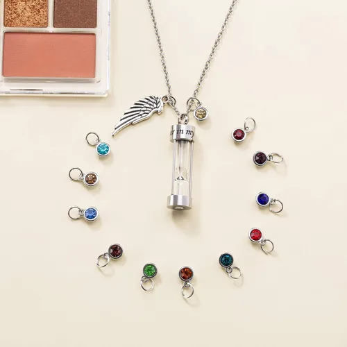 Miniatura 11 de PREKIAR Collar de urna de cremación para cenizas en forma de reloj de arena con dije de recuerdo 12 piedras de nacimiento y un ala de ángel
