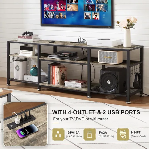Miniatura 5 de VECELO Soporte de TV de 63 pulgadas con tomas de corriente para televisión de 55/60/65/70 pulgadas, centro de entretenimiento con estantes