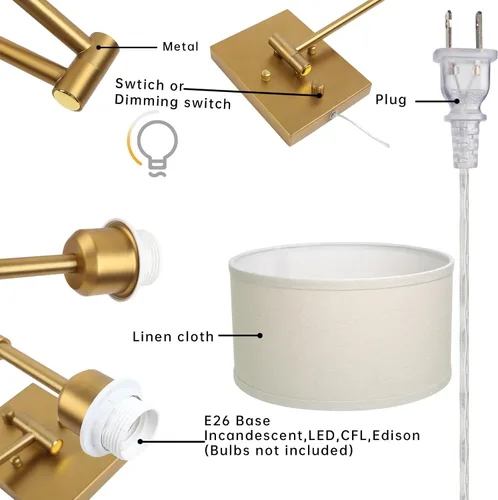 Miniatura 7 de Aplique de pared de tela textil de lino vintage Swing Arm, Adjustable, with on/Off Switch, Brass Gold Wall Mounted Lamp, Reading Light Fixture for