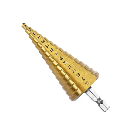 Broca escalonada con revestimiento de titanio HSS de 0.157-1.260 in, acero de alta velocidad, vástago hexagonal de 1/4 ", cortador de agujero de