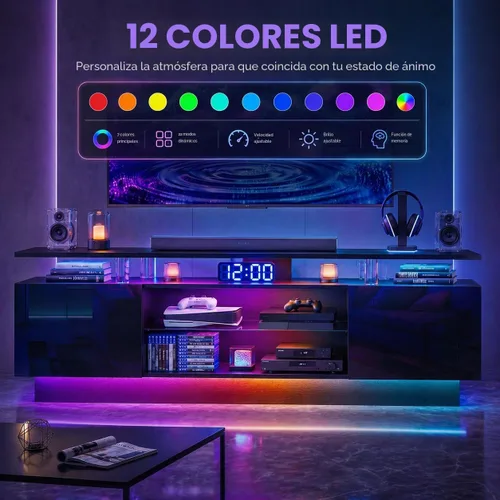 Miniatura 4 de Soporte de TV de alto brillo de 70 pulgadas con 2 armarios laterales, consola de TV moderna y elegante con luces LED de 3 capas, consola multimedia