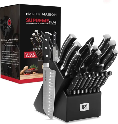 Juego de 19 piezas de cuchillos de cocina de alta calidad con bloque de madera | cuchillería de acero inoxidable alemán Master Maison con afilador
