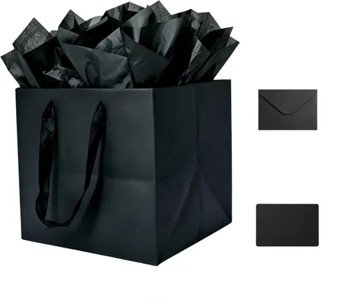 Miniatura 14 de JUNESHE Bolsa de regalo cuadrada negra grande con asas y papel de seda, 9.84 pulgadas, gran envoltura de regalo gigante para cumpleaños, boda