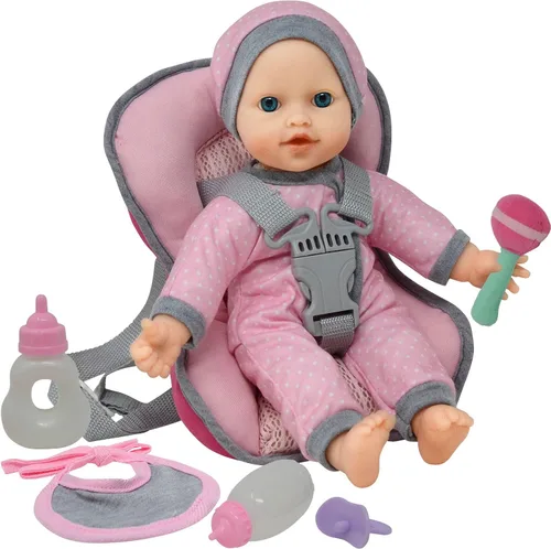 Juego de viaje – Mochila portadora de asiento de coche para muñeca bebé con muñeca de cuerpo suave de 12 pulgadas, botellas y accesorios de juguete