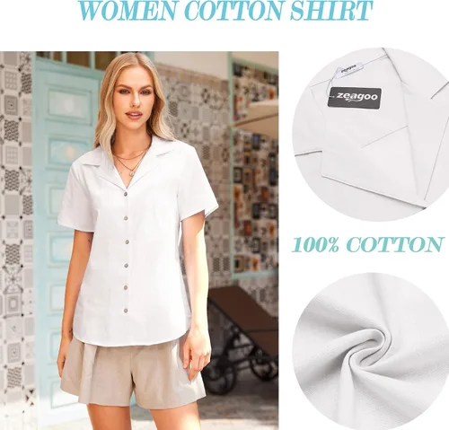 Miniatura 5 de Zeagoo Camisa de algodón para mujer, con botones, manga corta, cuello en V, casual, para el trabajo