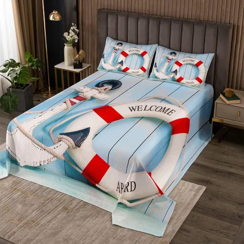 Miniatura 28 de Erosebridal Juego de colcha náutica, juego de edredón de lancha de vela, faro, acuarela con temática oceánica, juego de ropa de cama de verano