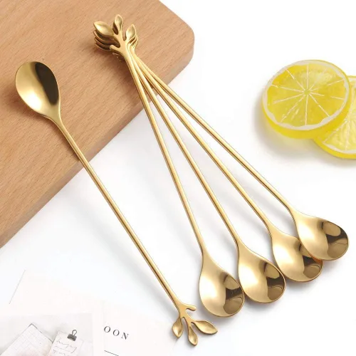 Miniatura 5 de Comicfs - Juego de 12 cucharas de té helado de mango largo, cuchara de helado de 7.6 pulgadas, cucharas creativas de cóctel de hoja dorada, acero Oro