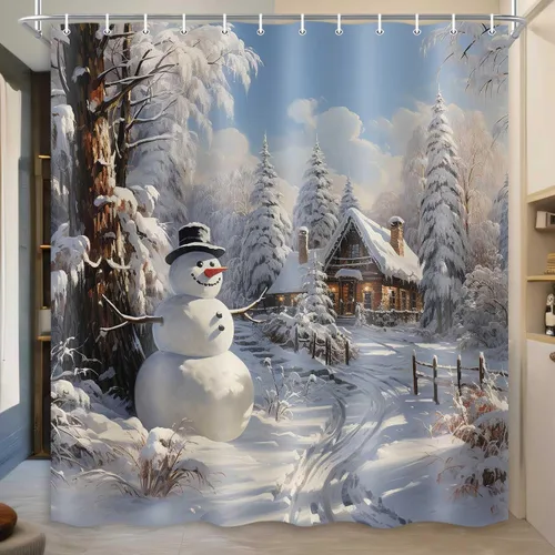 Miniatura 5 de MERCHR - Cortina de ducha con diseño de muñeco de nieve navideño, cortinas rústicas de invierno con árboles de nieve para baño de granja, juego