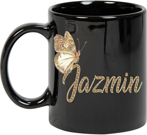 Taza de café personalizada con nombre de Jazmin con nombre de mariposa dorada, taza de regalo para mujeres, ella, niña, taza negra de 11 onzas,