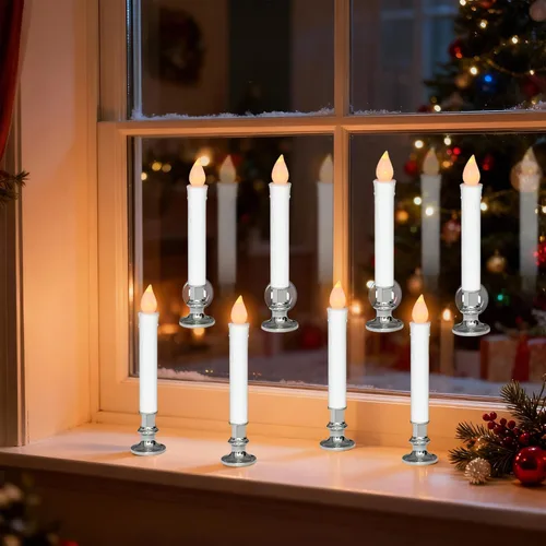 Miniatura 4 de Velas cónicas de ventana sin llama de 9 pulgadas que funcionan con pilas con control remoto de 8 teclas y temporizador, paquete de 4 velas blancas