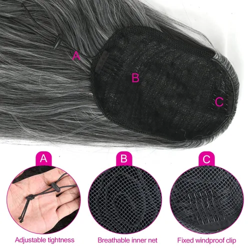 Miniatura 5 de Oseti Extensiones de cabello de cola de caballo gris con cordón para mujeres negras, 18 pulgadas, extensiones de cabello sintético rizado con clip