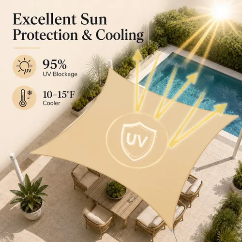 Miniatura 2 de ColourTree 6' x 6' Tamaño Personalizado Beige TADS9.5 Toldo Cuadrado Impermeable UPF50 Toldo de Sombra, 95% de Bloqueo UV y Resistente al Agua
