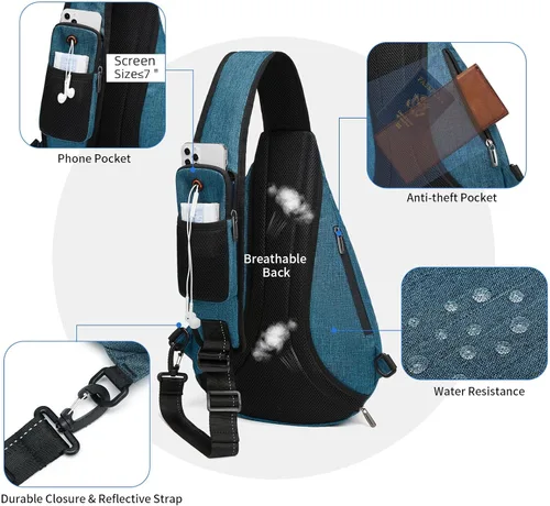 Miniatura 4 de TUDEQU Sling backpack, 8 Pockets Sling Bag Crossbody, 19L Large Sling Bag for Men Travel Crossbody Backpack Hiking Outdoor Azul Negro