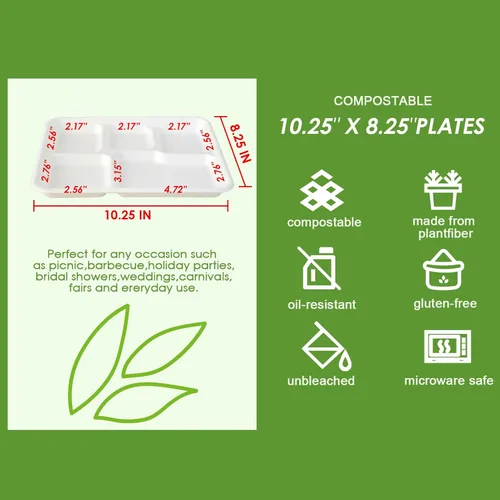 Miniatura 3 de Vplus Platos 100% compostables con 5 compartimentos, paquete de 125 platos ecológicos desechables de caña de azúcar de 10 x 8 pulgadas, bandeja