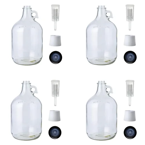 FastRack Paquete de 4 jarras de vidrio transparente 1G con tapas de Polyseal, tapones de goma de 6.5G y esclusas de aire de 3 piezas - Tarros de