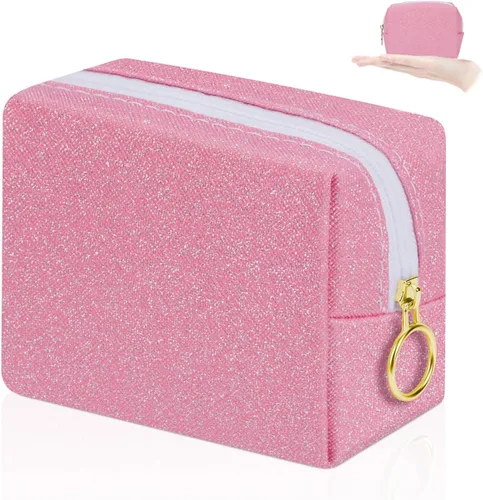 Miniatura 20 de Bolsa de maquillaje pequeña de 5.1 x 5.1 pulgadas para monedero, material flocado, mini bolsa de maquillaje de viaje con dos bolsillos internos