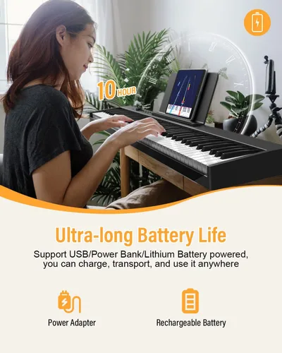 Miniatura 5 de KONIX Teclado de piano plegable, 88 teclas, teclado plegable semipesado, piano eléctrico portátil con llave de luz, pedal de sostenimiento, Negro
