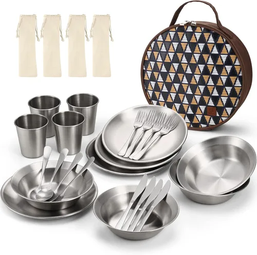 Miniatura 10 de Odoland Juego de utensilios de cocina de acero inoxidable para acampar para familia y persona, cubiertos de vajilla de cocina con platos, tazones