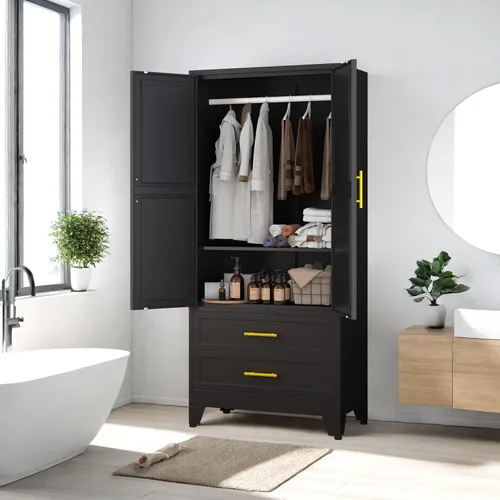 Miniatura 3 de PAOFIN Armario de metal negro de 71 pulgadas, armario de almacenamiento de ropa para dormitorio con 2 cajones y barra para colgar, armario