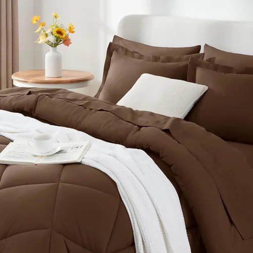 Miniatura 9 de CozyLux Juego de ropa de cama con edredón tamaño King color marrón - Juego de 7 piezas en una bolsa, juego de cama suave de lujo para todas