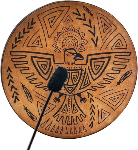 Firlar Tambor Chamán, 10 Pulgadas Patrón de Pájaro Hecho a Mano Con Baqueta, Instrumento Espiritual, Aspecto Exquisito, Símbolo de Música del Marrón