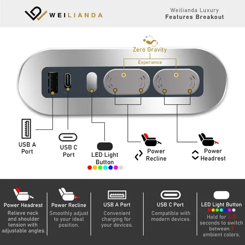 Miniatura 6 de Weilianda Asientos de Cine en Casa de Cuero de Grano Superior Silla Reclinable con Reposacabezas Eléctrico y Reclinación Asientos de Película Sofá