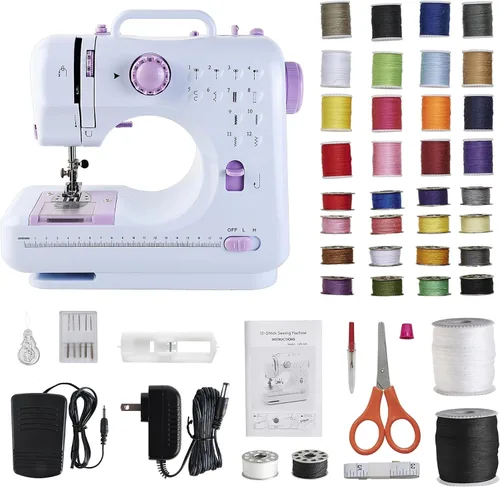 Máquina de coser para principiantes y niños, mini máquinas de coser portátiles con 12 patrones de puntada incorporados, pedal de pie de 2
