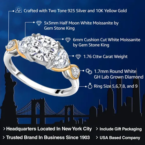 Miniatura 2 de Gem Stone King Anillo de compromiso de 3 piedras de plata 925 y oro amarillo de 10 quilates y moissanita de media luna y diamante blanco cultivado