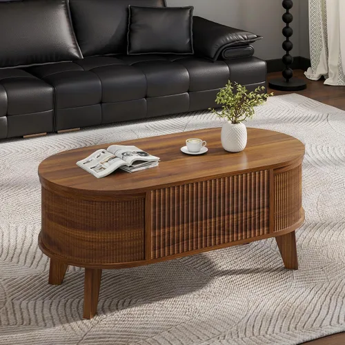 Miniatura 6 de LYNCOHOME Mesa de Centro con Tapa Elevable Acanalada con Almacenamiento, Mesa de Centro Ovalada Moderna para Sala de Estar u Oficina en Casa (Nogal)