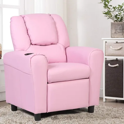 Miniatura 11 de ARLIME Silla reclinable para niños, sillón tapizado con soporte para tazas, respaldo, sofá de cuero para bebé con reposacabezas y reposapiés, Negro