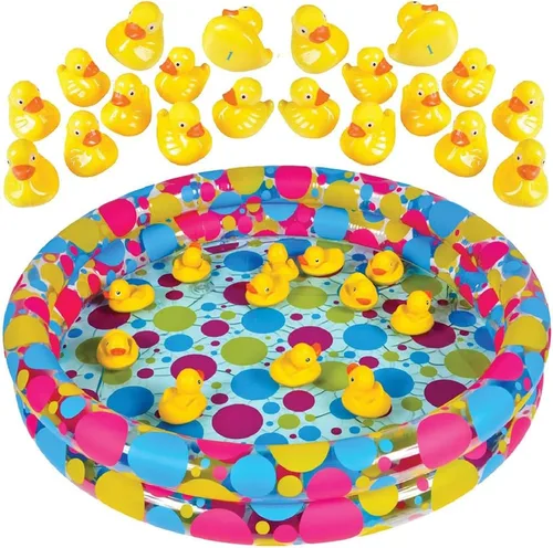 Miniatura 2 de Gamie Juego de juego de estanque de patos y dardos para niños, incluye 20 patos de plástico con números y piscina inflable de 3 x 6 pulgadas e