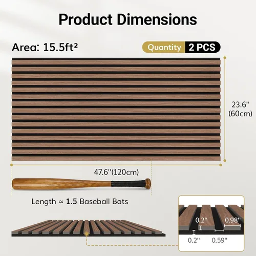 Miniatura 4 de TONOR Paneles de pared de listones de madera, paquete de 2 paneles acústicos de 47.2 x 23.6 pulgadas, paneles acústicos de listones de madera