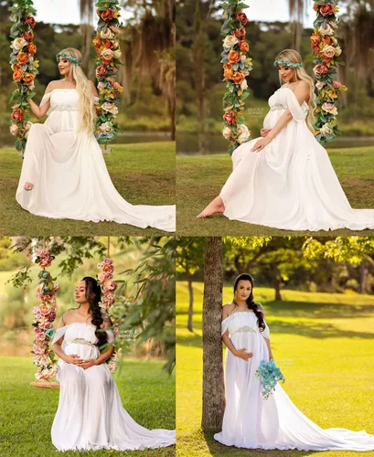 Miniatura 6 de ZIUMUDY Vestido largo de gasa con hombros descubiertos para sesión de fotos, fotografía, vestido de baby shower